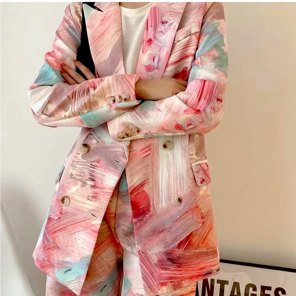 Mixed Print Blazer & Midi Short Set - image 1